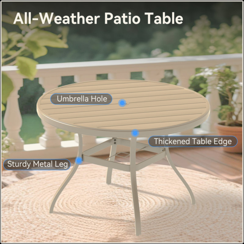 Outdoor Round Patio Dining Table For 4-6, All Weather Metal Dining Table With Umbrella Hole For Deck Lawn Garden Backyard