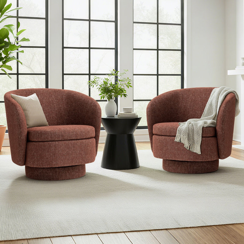 Set Of 2 Modern Tweed Swivel Barrel Accent Chairs, Rust Red Tweed