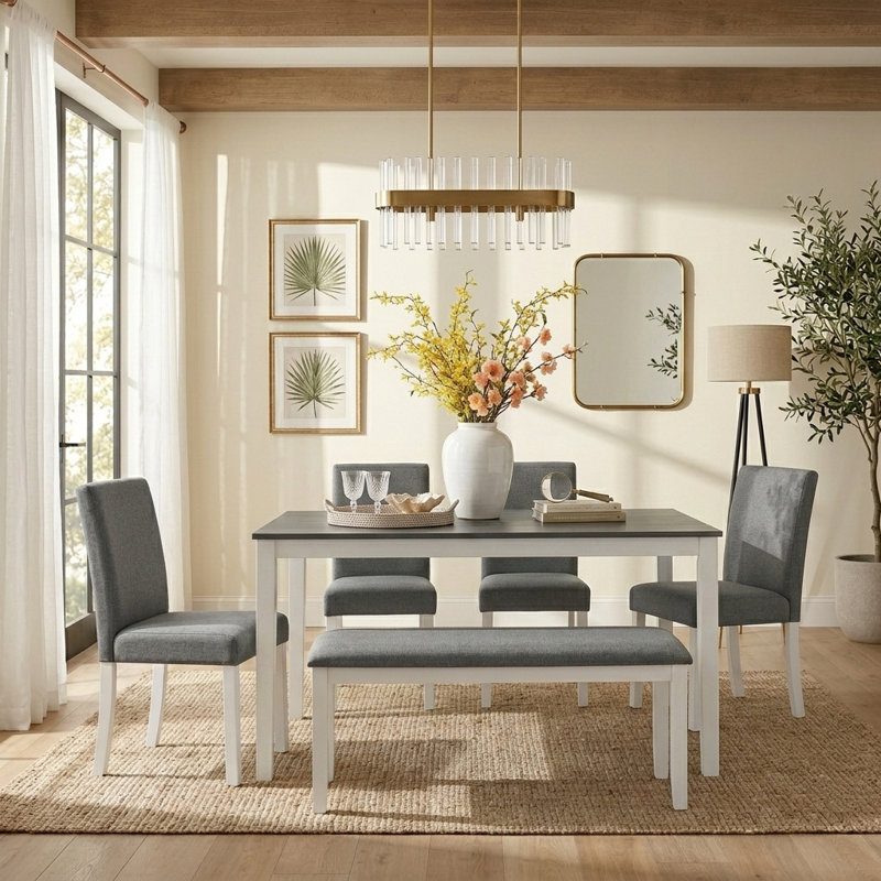 Ensemble de salle à manger en bois 6 pièces pour 6 personnes, table de salle à manger avec banc et 4 chaises pour la cuisine et la salle à manger