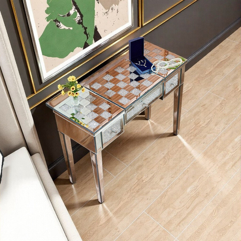 Table de coiffeuse à miroir 40 po avec incrustation de losanges, coiffeuse à miroir