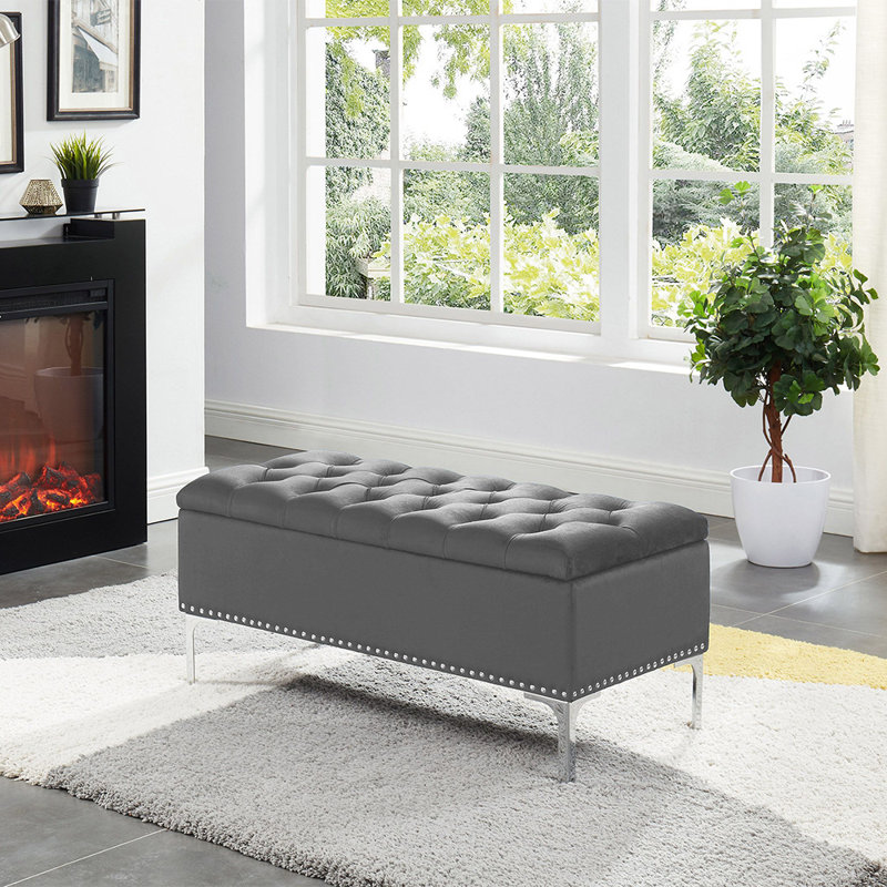 Banc de rangement en velours gris Marijona avec pieds en métal