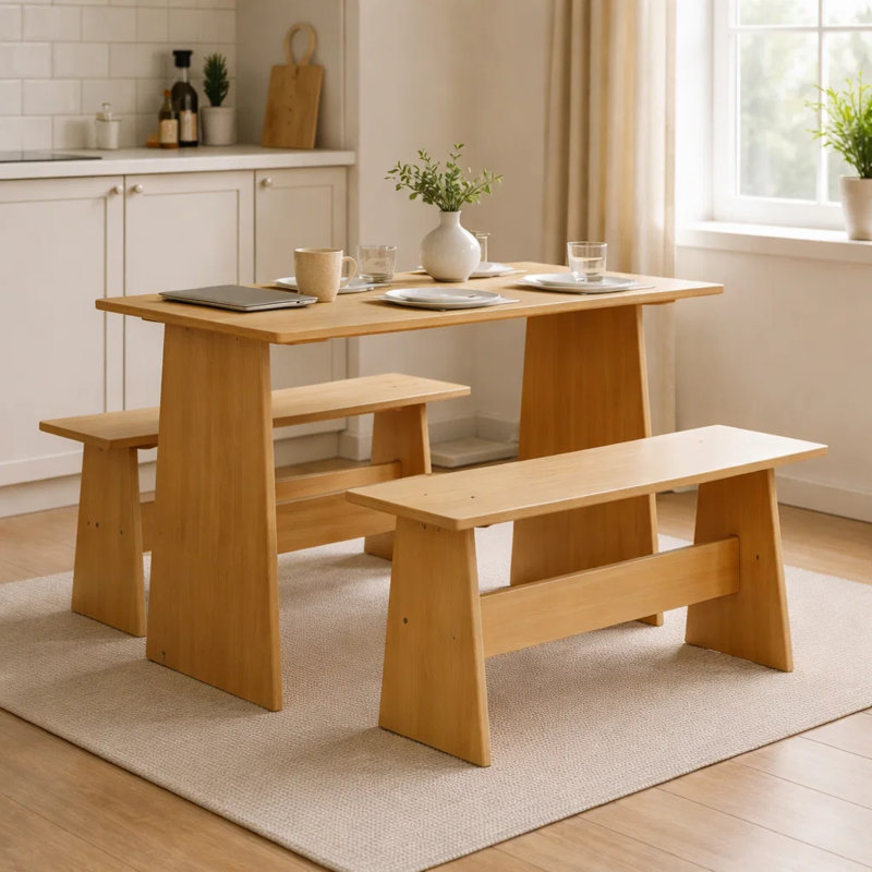 Ensemble de salle à manger 3 pièces 28,94 po en bois massif compact avec table et bancs - finition chêne naturel, Beige