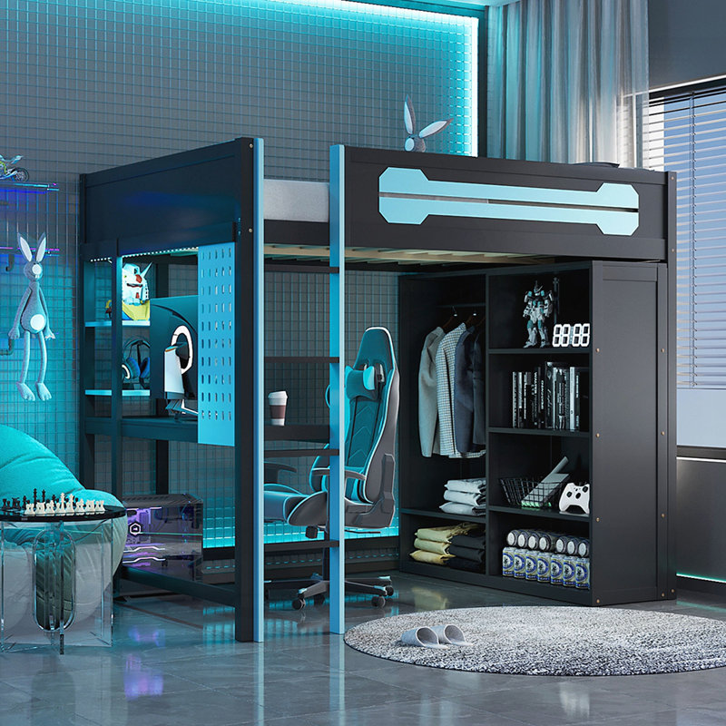 Wood Loft Bed with Integrated Desk, Open Wardrobe, Shelving, and Customizable RGB Lighting for Gaming and Study., Blue