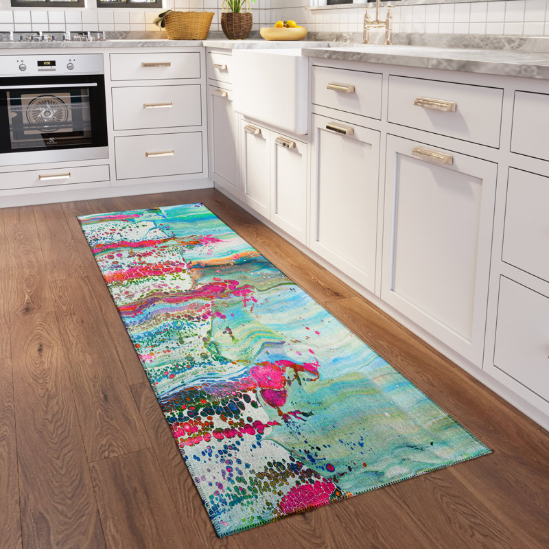 Tapis abstrait vert / rose tissé à la machine, Tapis de couloir 2 pi 3 po x 7 pi 6 po