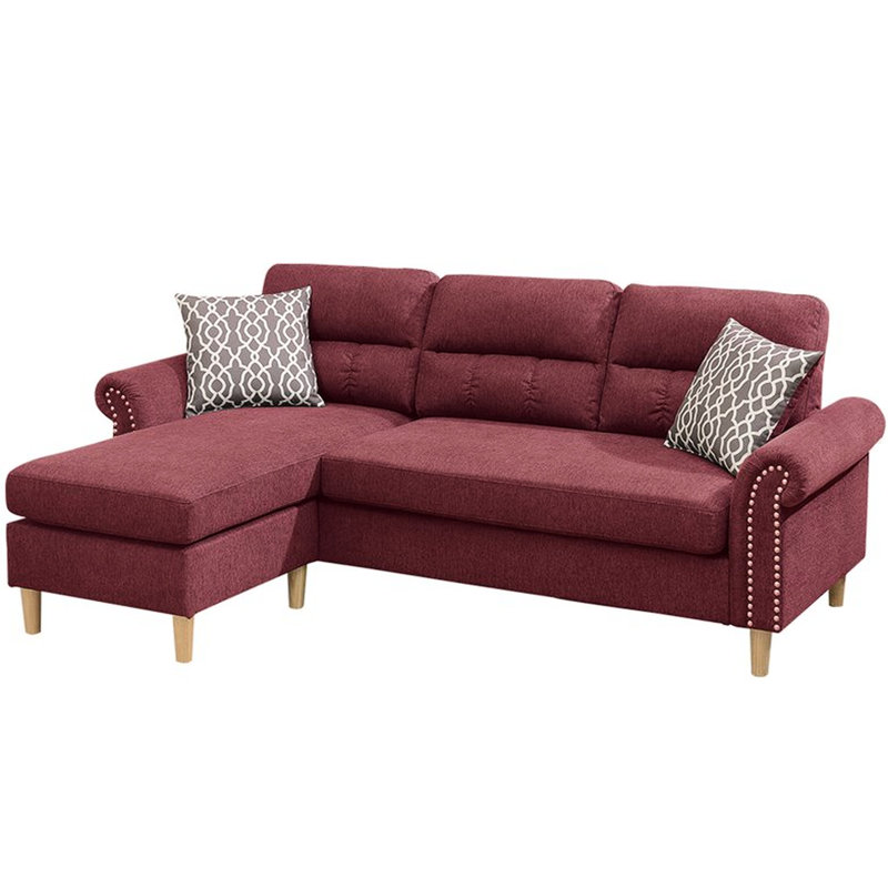 Canapé modulaire réversible en velours rouge avec coussins, méridienne et têtes de clou Paprika, Chenille rouge