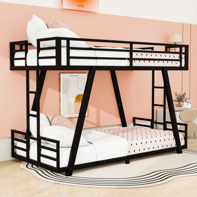 Metal Bunk Bed with Dual Ladders and Guardrails