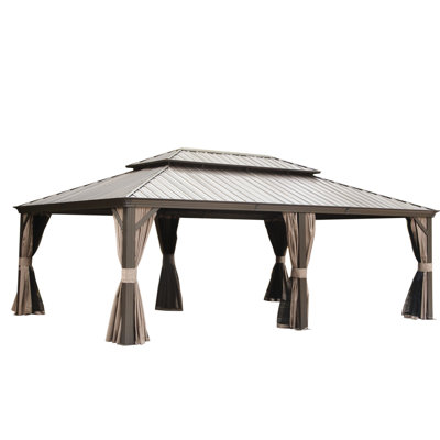 14x22ft Gazebo For Deck - Brown, Aluminum Frame, Galvanized Steel Double Roof, Gutter System, Curtain And Netting Metal Patio, Brown. Top Aluminum. System. Privacy Defense
