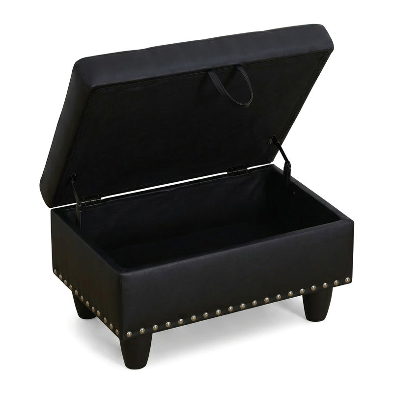 Repose-pieds noir avec rangement en similicuir noir, tabouret de pieds rectangulaire de 28,5 po x 19,5 po x 17,5 po avec rangement, banc rembourré robuste avec garnitures cloutées pour petits espaces, appartements et dortoirs