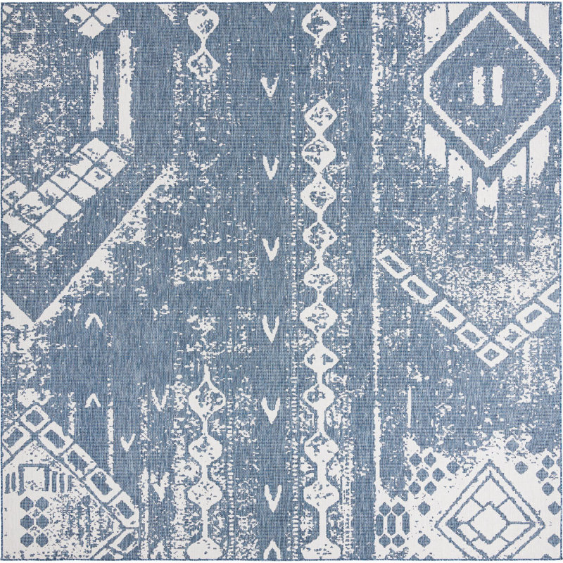 Bonnetta Geometric Machine Woven Rectangle 9'10" x 13' Polypropylene Indoor / Outdoor Area Rug in Blue/Ivory, Square 10'