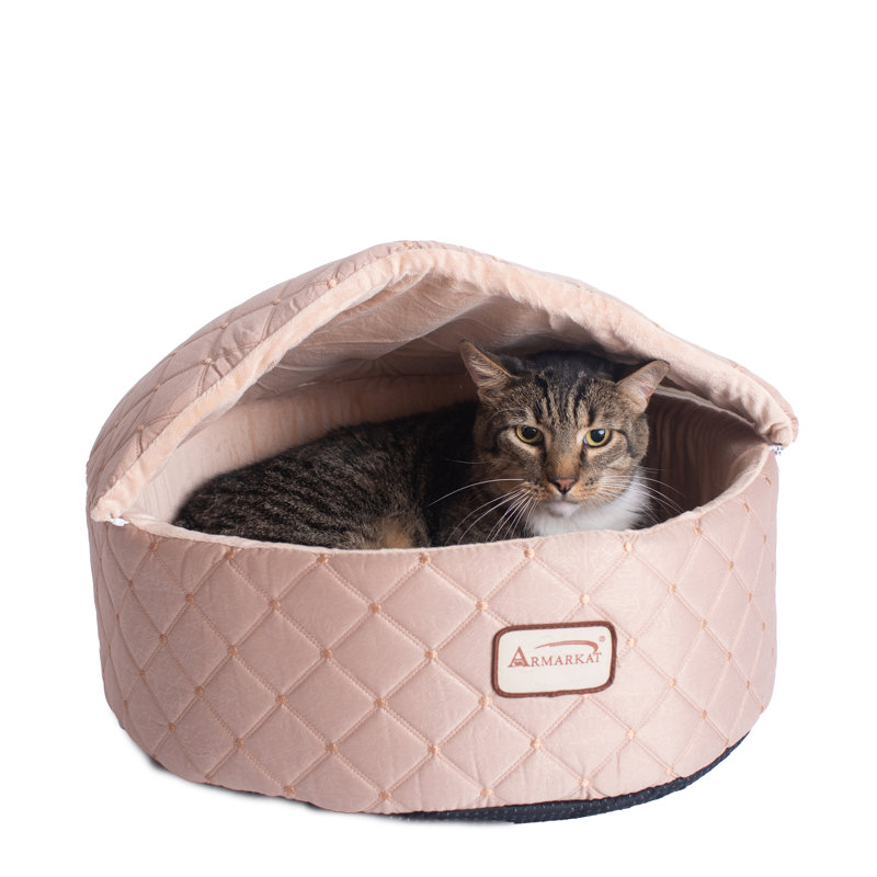 Medium Light Apricot Velvet Cat Bed with Hood