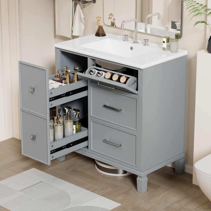 Meuble-lavabo de 30 po avec lavabo en céramique et tiroir escamotable, Gris