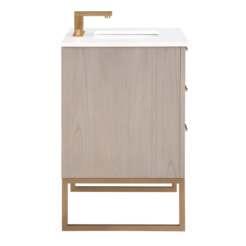 Markham 30'' W Single Vanity, Cashmere Gray, Satin Brass, Universal Calacatta Quartz