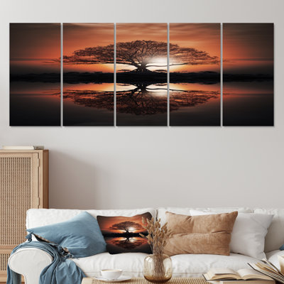 Silhouette Of Majestic Tree On Lake Island - Tree Oak Wall Art For Living Room 5 Piece