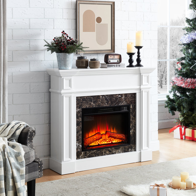 Foyer électrique avec manteau de cheminée, manteau de cheminée, radiateur autoportant, entourage réaliste en pierre empilée avec minuterie à télécommande flamme, blanc, l 45,66 po x P 11,8 po x H 40 po