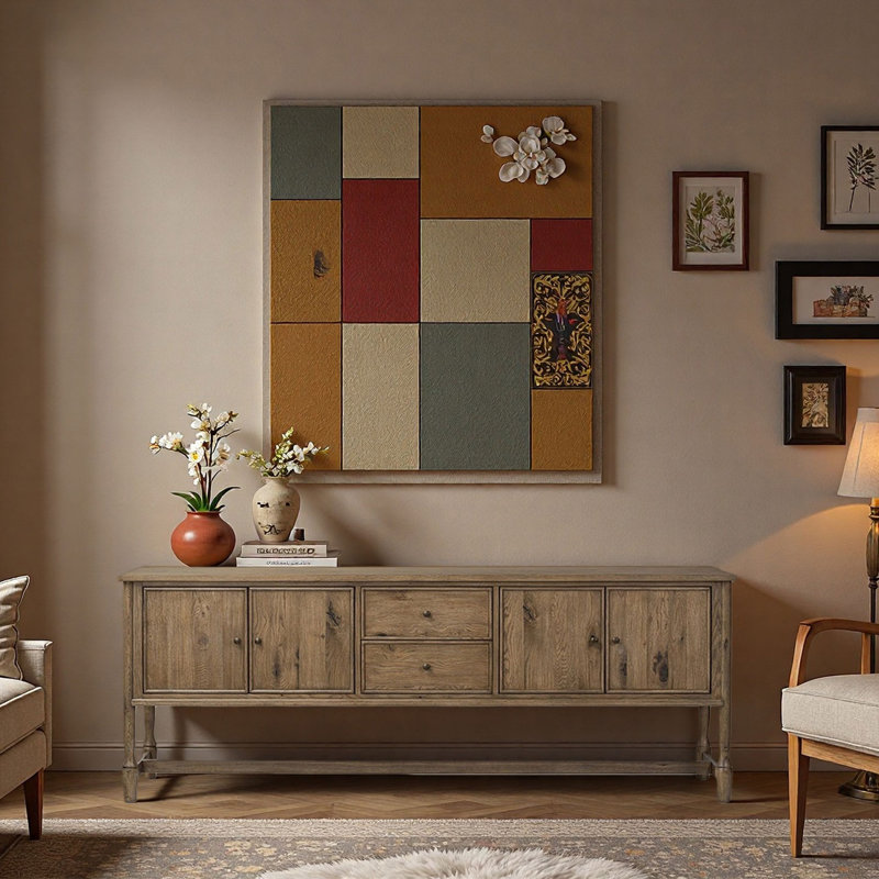 Buffet patiné American Country Style, Marron clair, H 32,68 po x l 70,87 po x P 18,9 po