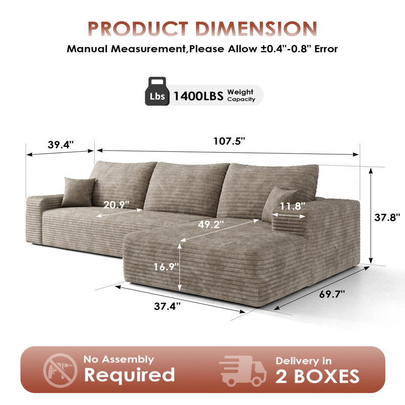 Canapé modulaire 108 po avec méridienne rembourrée 108 po, Camel, Oui