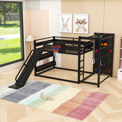 Metal Loft Bed with Basketball Hoop, Pull-up Rings, Climbing Wall and Bookshelves