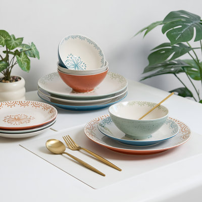 Sango 12-Piece Speckled Stoneware Dinnerware Set for 4- Glossy Plates and Bowls Set with Hand-Painted Floral Pattern, Rustic Ceramic Dish Set, Elegant Dishes for Everyday Dining, Siterra Glazed Garden