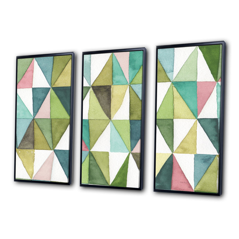 Motif géométrique mixte vert II - ensemble d'art moderne sur toile encadrée moderne et contemporain de 3, Cadre noir