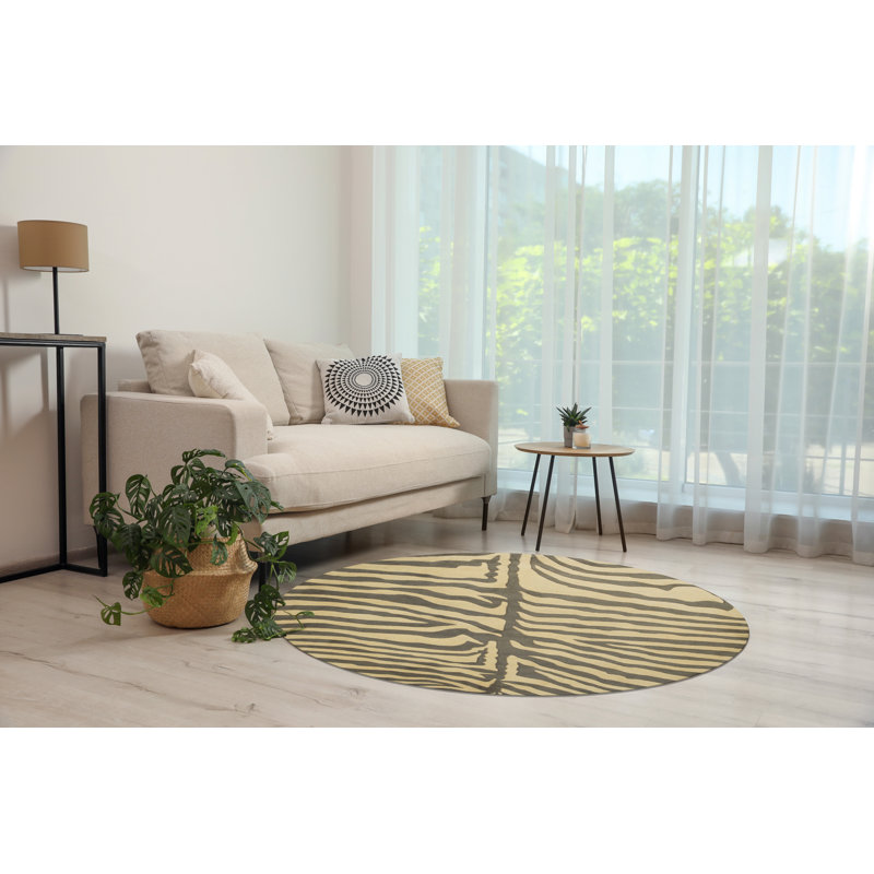 Sleek Graceful Gray Hand Tufted Transitional Stripe Wool Area Rug, Round 6'