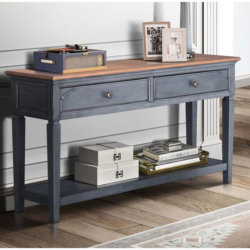 Table d'appoint de 152 cm, velours côtelé bleu. Aucun assemblage requis, 2 tiroirs et 1 étagère. Fabriqué en caoutchouc massif et placage de bouleau bleu. Bureau de jardin de 152 cm, à assembler. Tiroirs, intégré