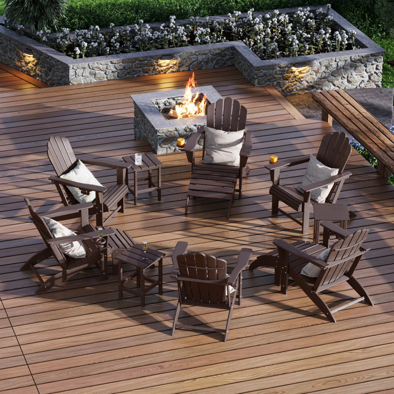 Outdoor Poly Adirondack Chair With Ottoman And Side Table 12-Piece Set, Dark Brown