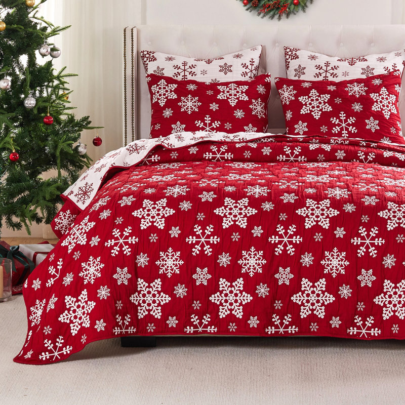 Greenland Home Fashions Snowflakes 3-Piece King Size Red Coverlet Set, 105x95 Inch, King Coverlet/Bedspread + 2 King Shams