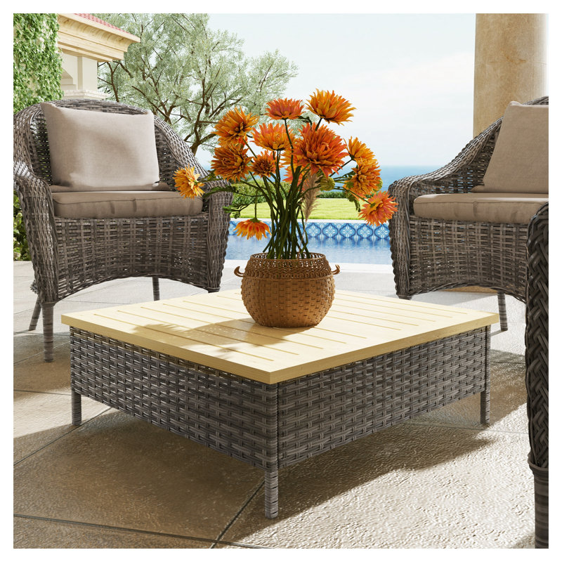 Table d'appoint d'extérieur avec rotin PE, table de bout de patio avec plateau en bois de sapin naturel, table d'appoint résistante aux intempéries pour porche de piscine de patio, gris