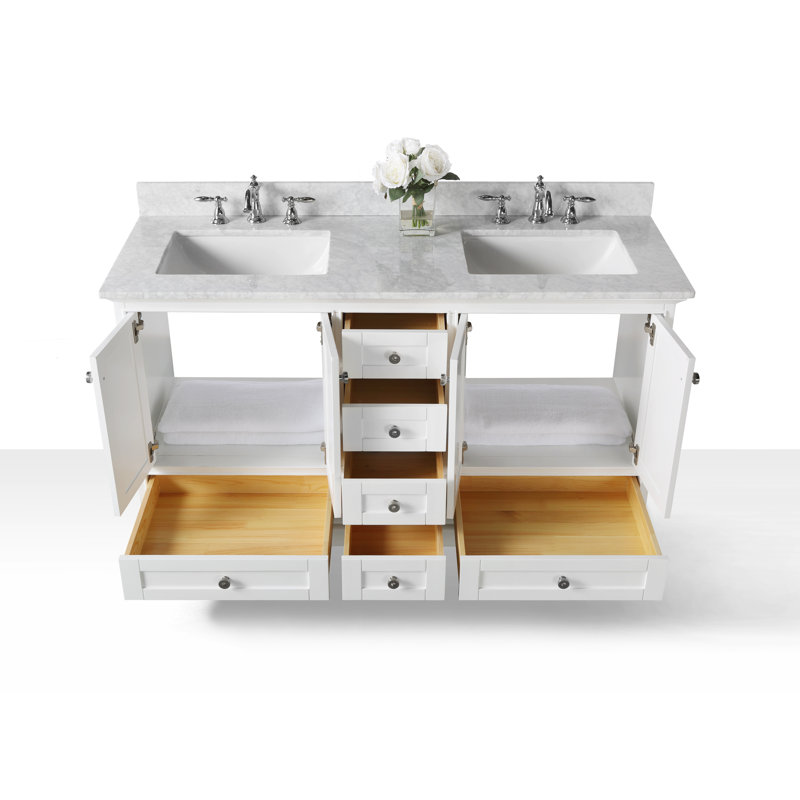 Audrey 60'' W Double Vanity, White/Brushed Nickel, Carrara White Marble