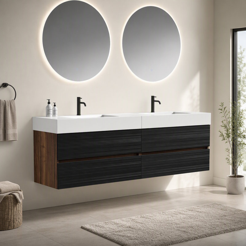 Meuble-lavabo de 72 po (36 po * 2) avec lavabo à surface solide d'ingénierie noir mat et tiroirs noirs Grace, meuble-lavabo mural flottant, lavabo une pièce blanc brillant, KD