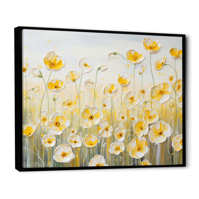 Buttercups Floral Array Field sur impression sur toile, Cadre flottant noir, H 24 po x l 32 po x P 1 po