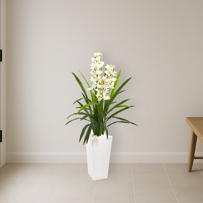 Cymbidium Orchid Artificial Plant in White Planter