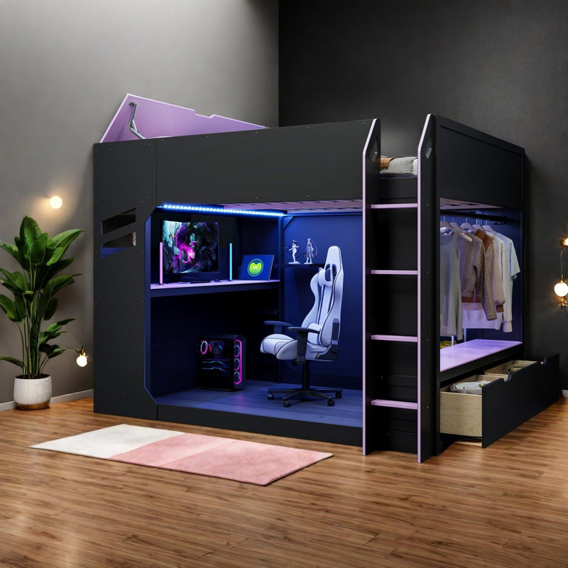 Lit mezzanine avec rangement, panneau de fibres à densité moyenne en bois avec bureau ajustable, jeux pour la maison moderne