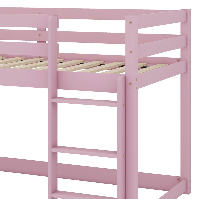 Solid Rubber Wooden Floor Bunk Bed With Ladder And Strengthened Slats, Pink