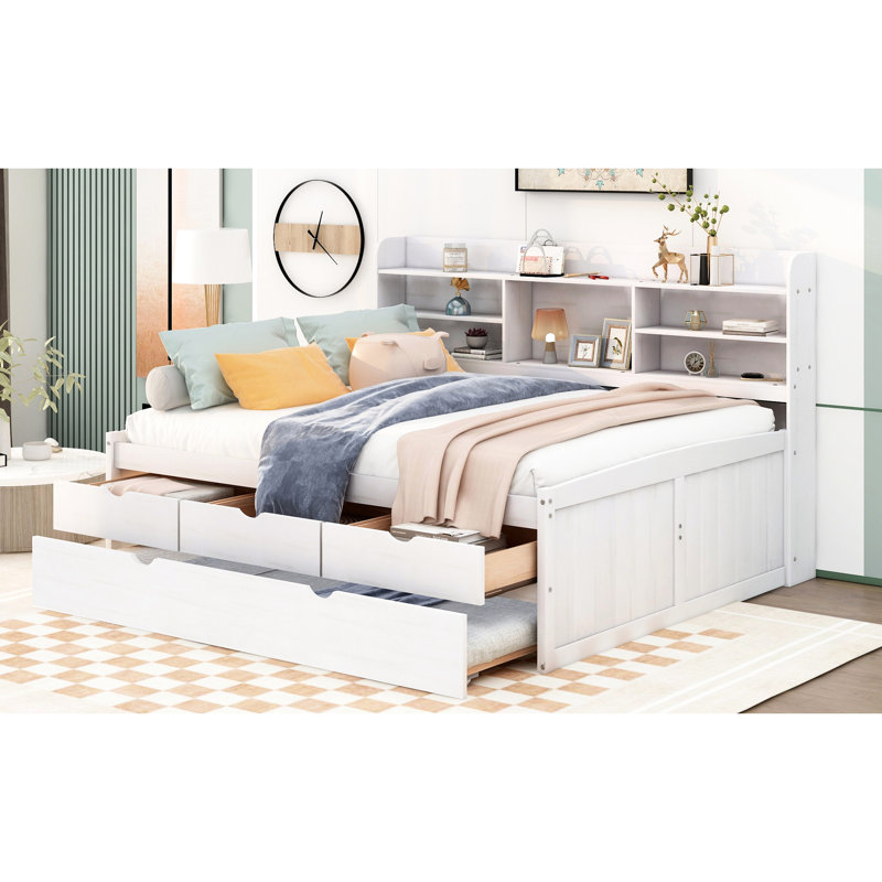 Functional White Wooden Captain Bed With Built-In Bookshelves, Three Generous Storage Drawers And Trundle Full Size Integrated Ample In