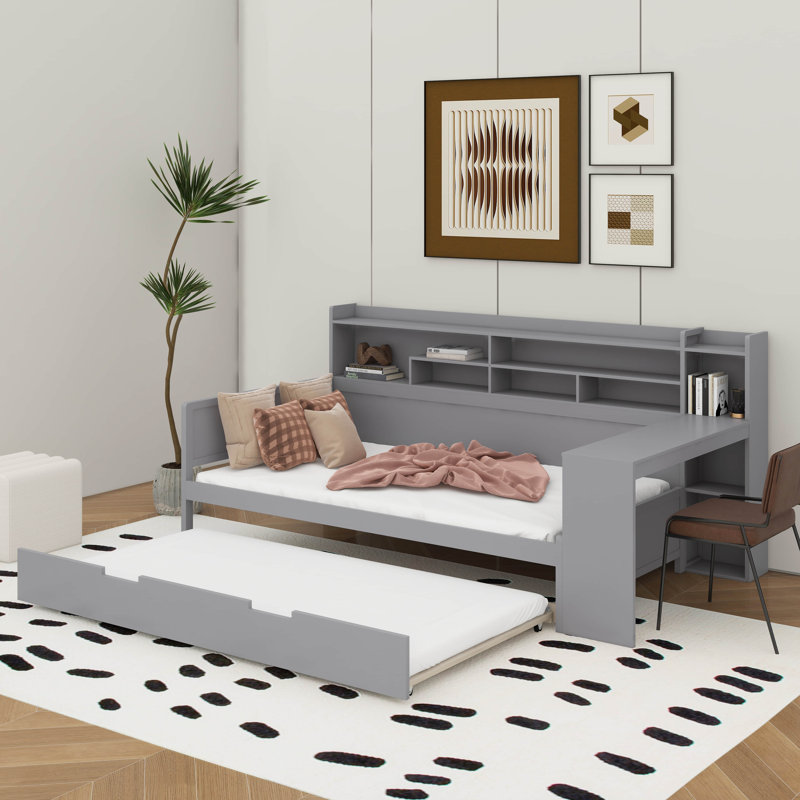 Lit de jour en bois avec tablettes de rangement, lit multifonctionnel avec lit gigogne simple et bureau d'étude, Lit simple