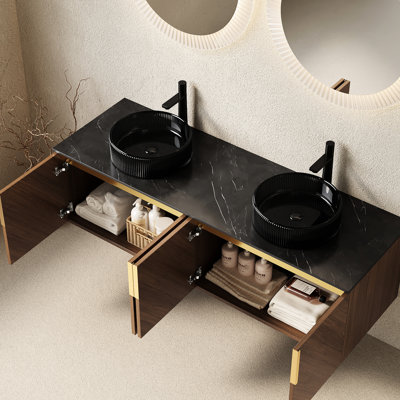 Wall - Mounted 60" Bathroom Vanity, 2 Transparent Black Basins, Brown Oak Grain Cabinet, Diagonal Design, Crystal Glass Grain, Large Storage