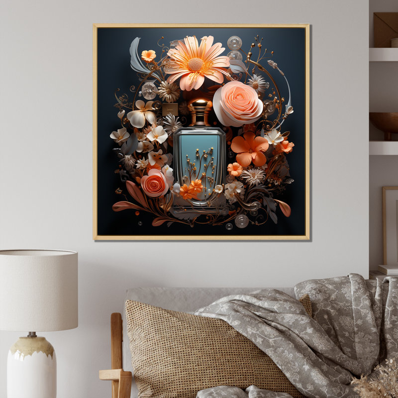 «Perfume Bottle with Pink Blossoming Flowers», reproduction sur toile, Cadre naturel flottant, H 36 po x l 36 po x P 1,5 po