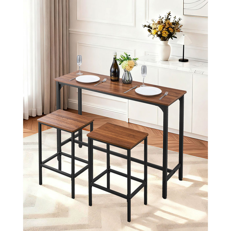 Table de bar, ensemble de tables de bar 3 pièces 47 po, tables de bar et ensemble de chaises à bords arrondis, table de pub rectangulaire avec deux tabourets pour bureau, coin déjeuner, mini-bar, brun rustique, noir