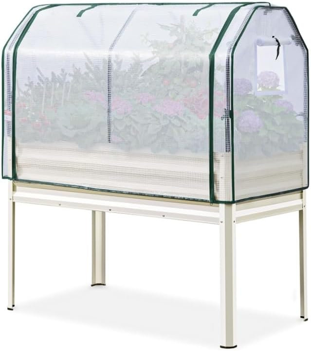 Black Painted Metal Raised Garden Bed with PE Mini Greenhouse – 120 x 60 x 140 cm, Includes Protective Cover – Suitable for Garden & Balcony