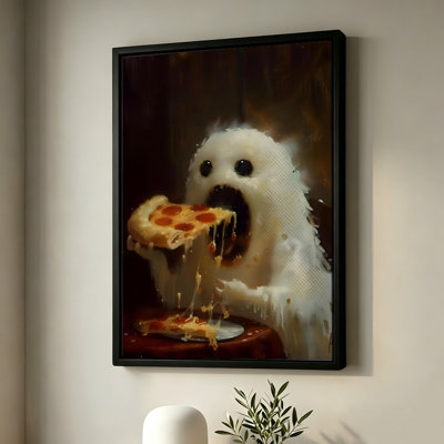 Fantôme d'Halloween mangeant une part de pizza, tableau sur toile encadré, cadre noir, 40 x 60 cm