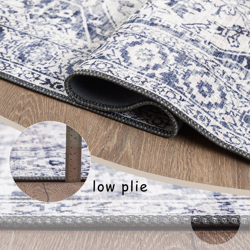Tapis vintage lavable à la machine Zehorit en bleu / beige / blanc pour le salon, le couloir et le tapis d'entrée