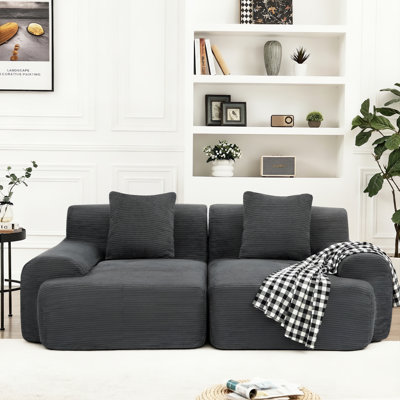 Canapé modulaire 2 places en velours côtelé, sans structure, à compression et assise profonde, avec ressorts en mousse à mémoire de forme et base antidérapante, gris