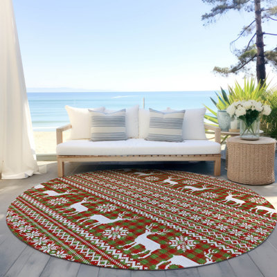Machine Washable Indoor/Outdoor Christmas Reindeers Xhevrie Fern Rug