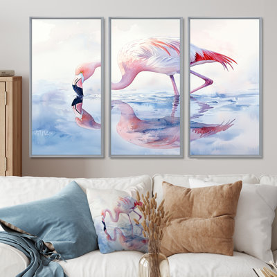 Flamingo Reflections - Flamingo Wall Art - 3 Panels