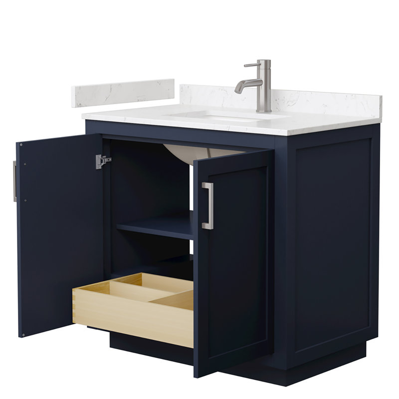 Miranda 36" Freestanding Single Bathroom Vanity with Cultured Marble Top, Dark Blue, Brushed Nickel, Carrara Cultured Marble
