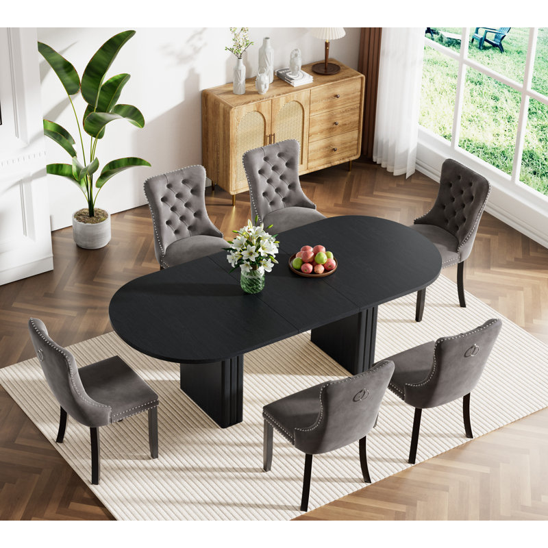 Extendable Dining Table Set, Rustic Oval Dining Room Table & Velvet Dining Chairs with Wood Leg, 62.99" -78.74" Dining Table and Chairs Set, Modern Dining Table Set