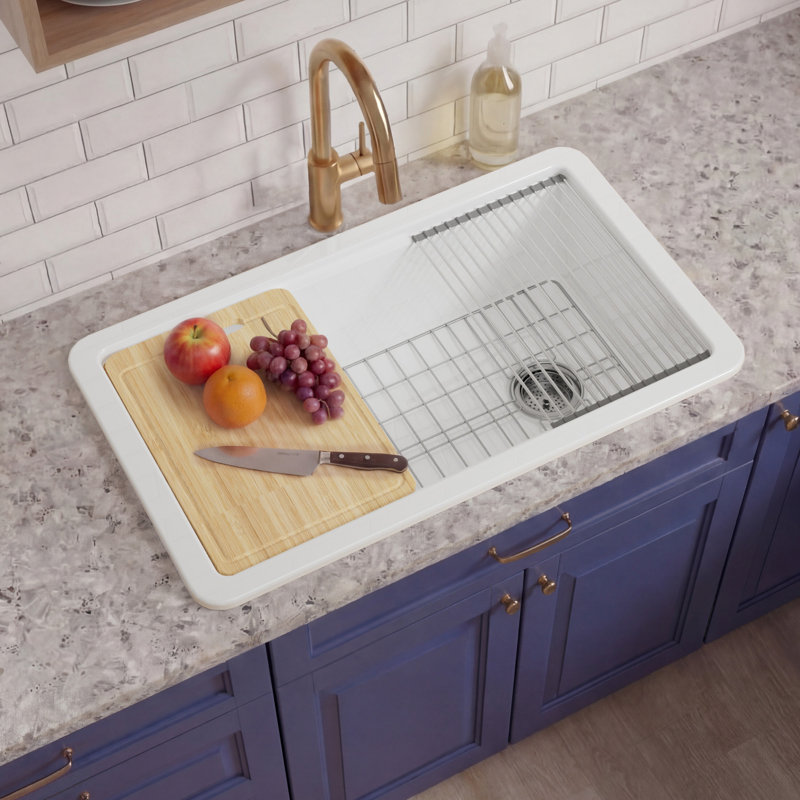 Scty 33"Lx19"W Fireclay Undermount Workstation Kitchen Sink Offset Drain, Drop-in Kitchen Sink White Single Bowl, Dual Mount, Included 4 Custom Accessories