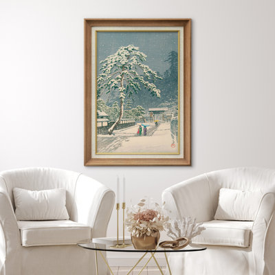 «Snowy Village Street» avec pin, œuvre d'art de paysage japonais en hiver, impression sur toile encadrée