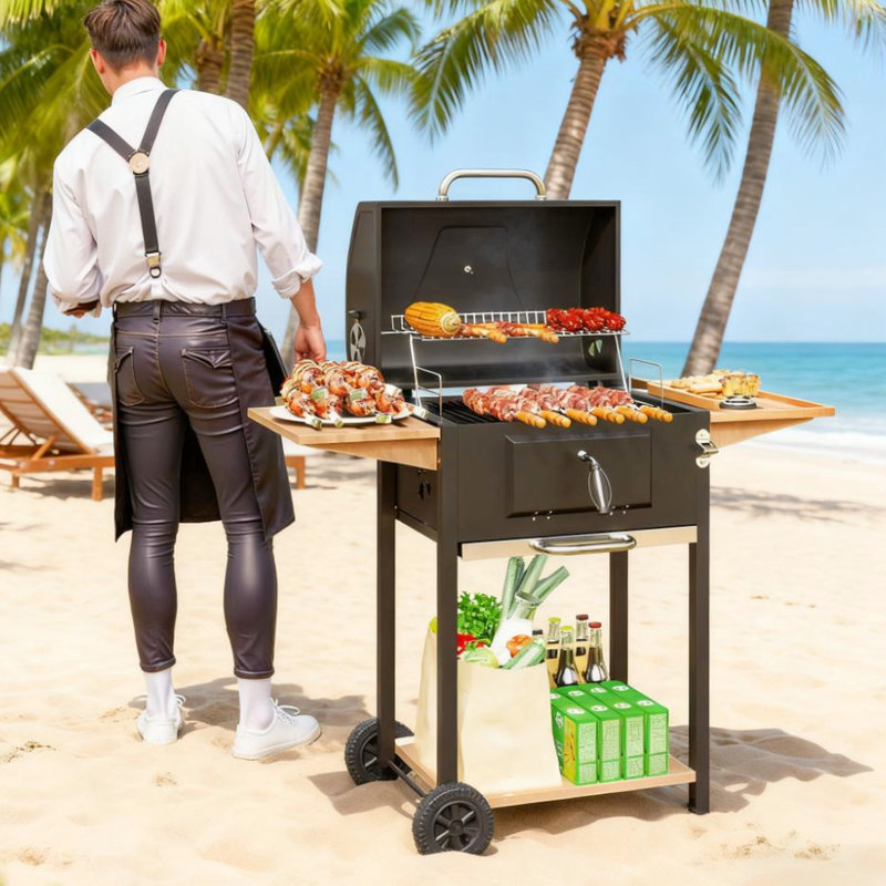 Barbecue au charbon noir de 245 pouces carrés avec grille de réchaud, réglage à trois niveaux, indicateur de température du couvercle, tablette latérale et inférieure, plateau de ramassage des cendres